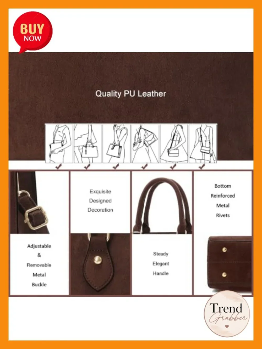 PU Leather Satchel Crossbody Handbag Vegan Top Handle Shoulder Bag